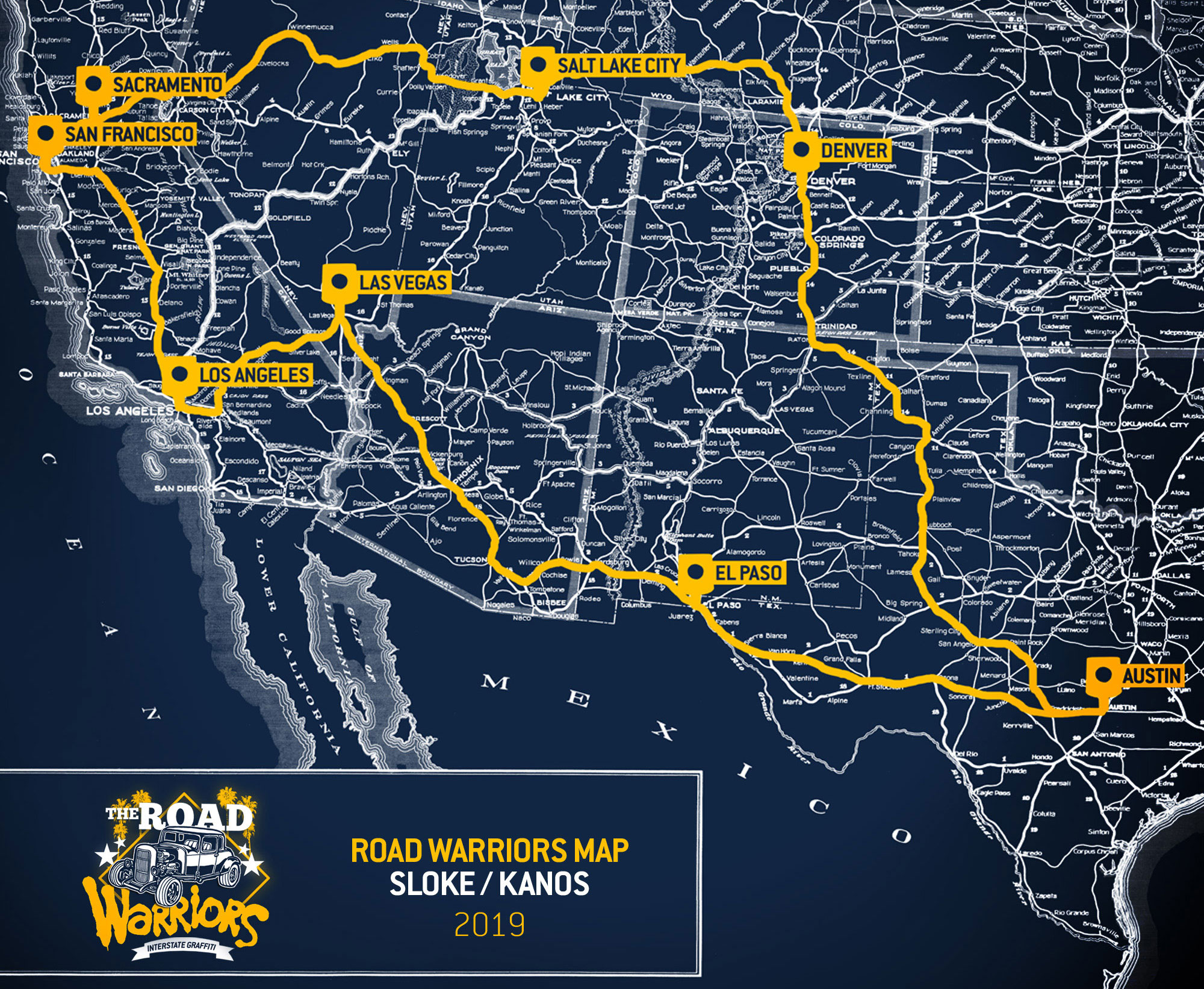 a road map showing all steps of the road warriors trip