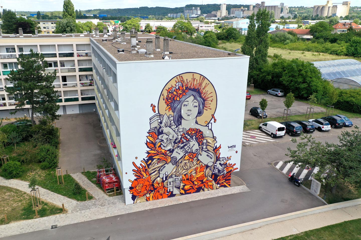 a mural street art paint in metz shot by drone