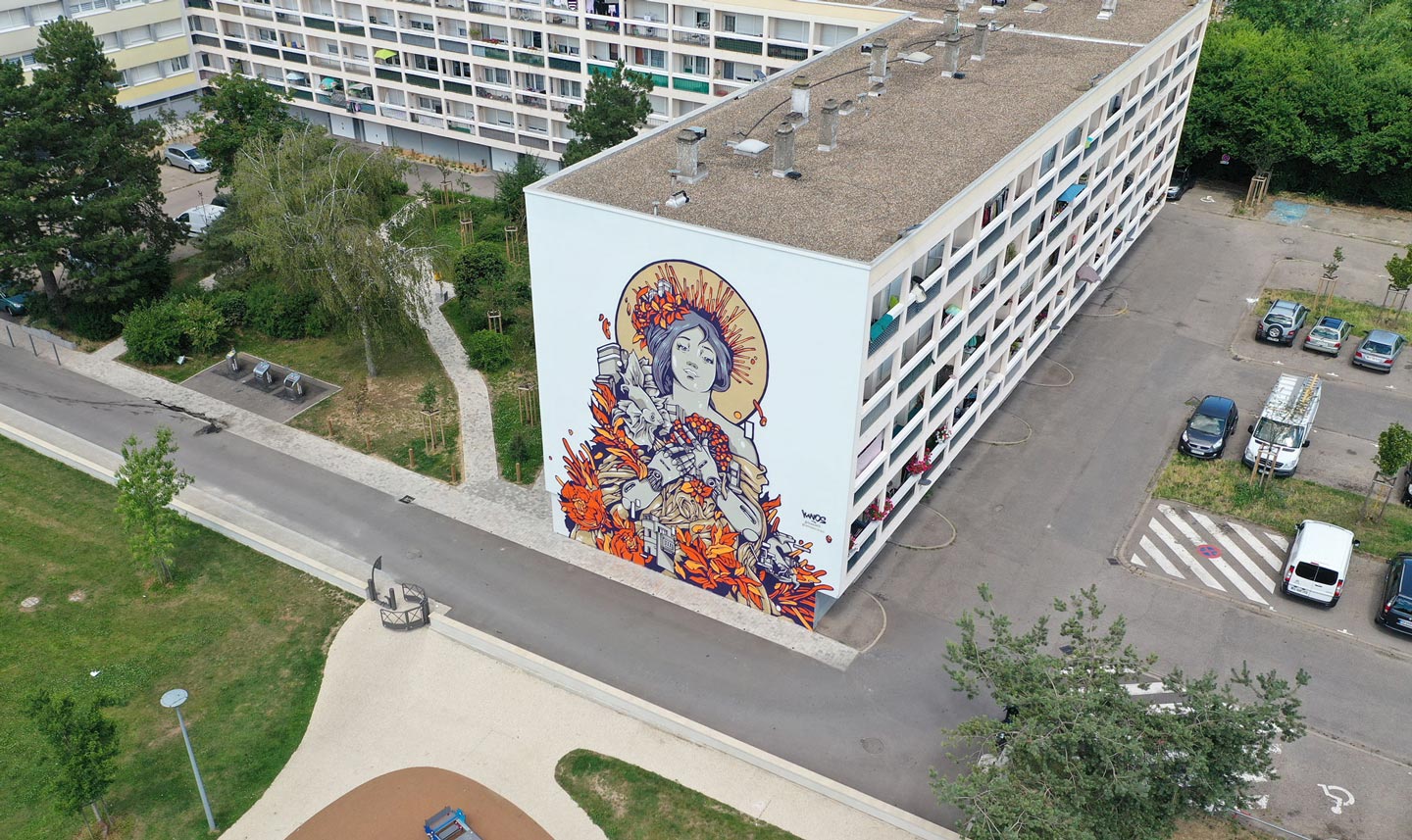 a mural street art paint in metz shot by drone