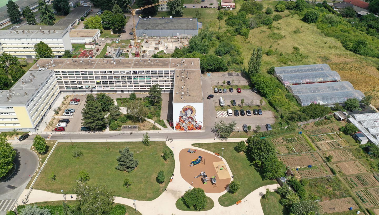 a mural street art paint in metz shot by drone